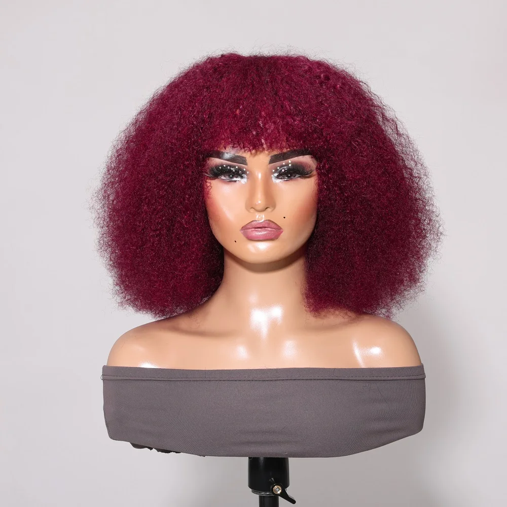 

Nadula Hair 99J Burgundy Color Afro 4C Kinky Coily Curly Wig With Bangs Natural Color Glueless Short Bob Wig Beginner Friendly