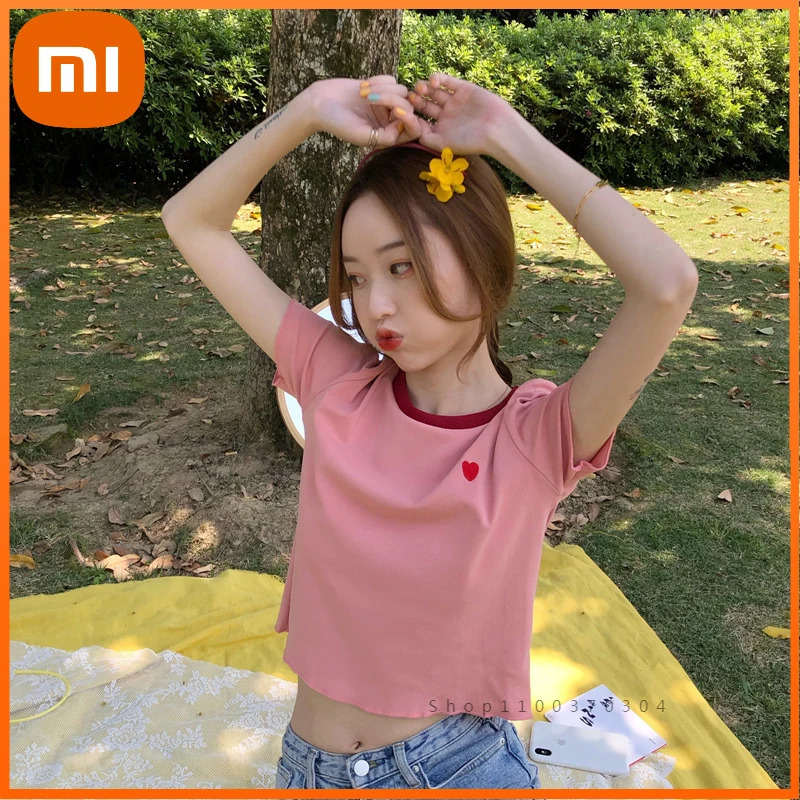 

Xiaomi Cotton Heart Embroidered Fashion Skinny Fahsion Patchwork O-neck Short Sleeve Women Female Top T-shirts