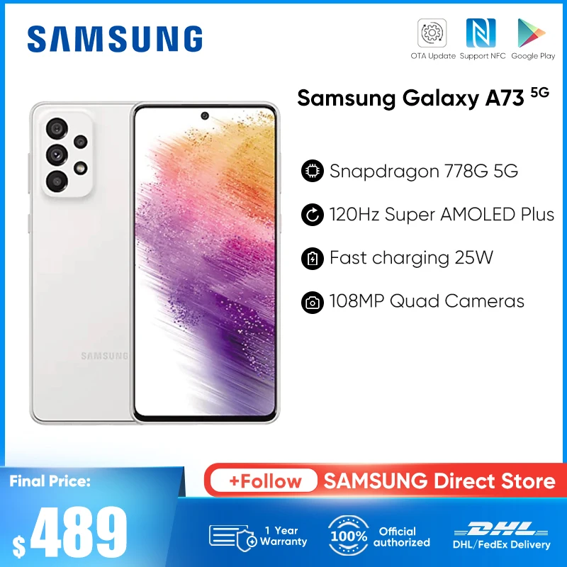 

Samsung Galaxy A73 A736BDS 5G Smartphone Snapdragon 778G 120Hz Super AMOLED Plus 5000mAh Battery 108MP Quad Cameras Cellphone