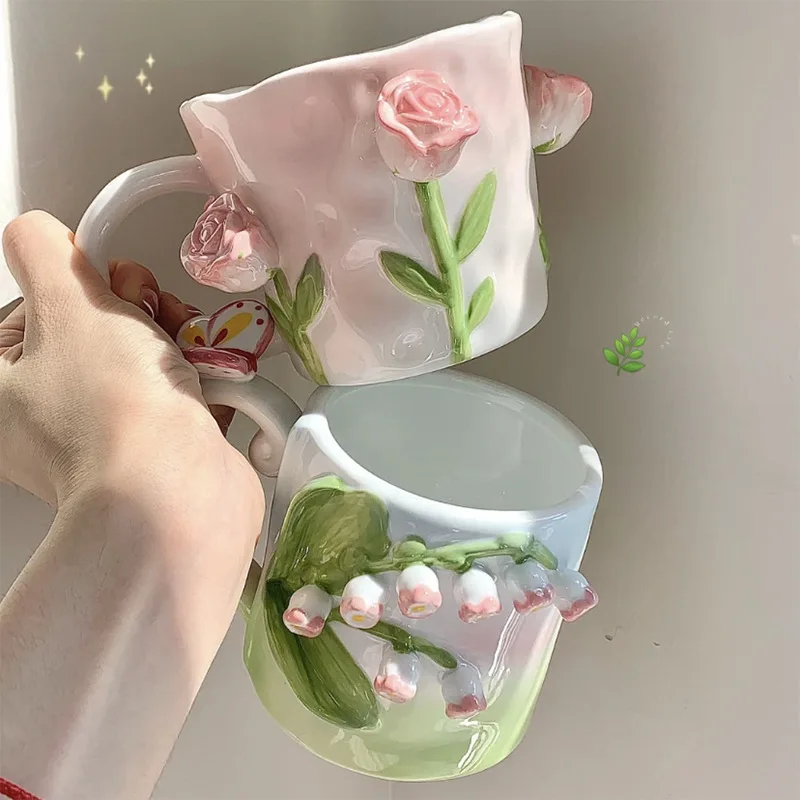 

Hand Painted Tulip Rose Three-Dimensional Relief Coffee Cup Water Cup Mug Ceramic Cup