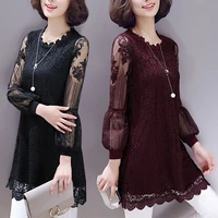 vintage women casual midi blouse dress spring summer gauze long sleeve hook flower hollow lace splicing pullover female dresses
