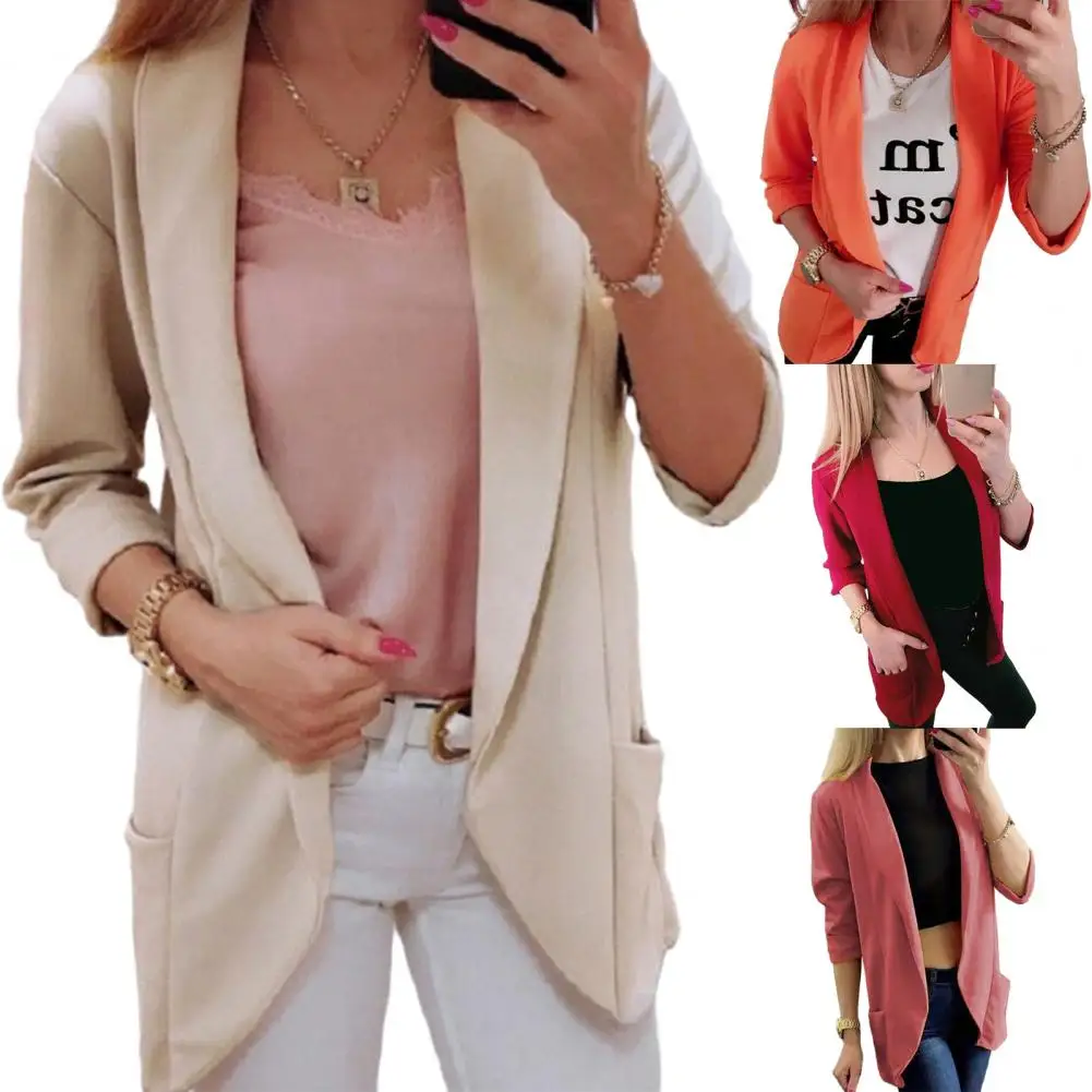 

Женский блейзер с длинным рукавом, однотонный деловой пиджак с открытыми передними карманами, весна-осень