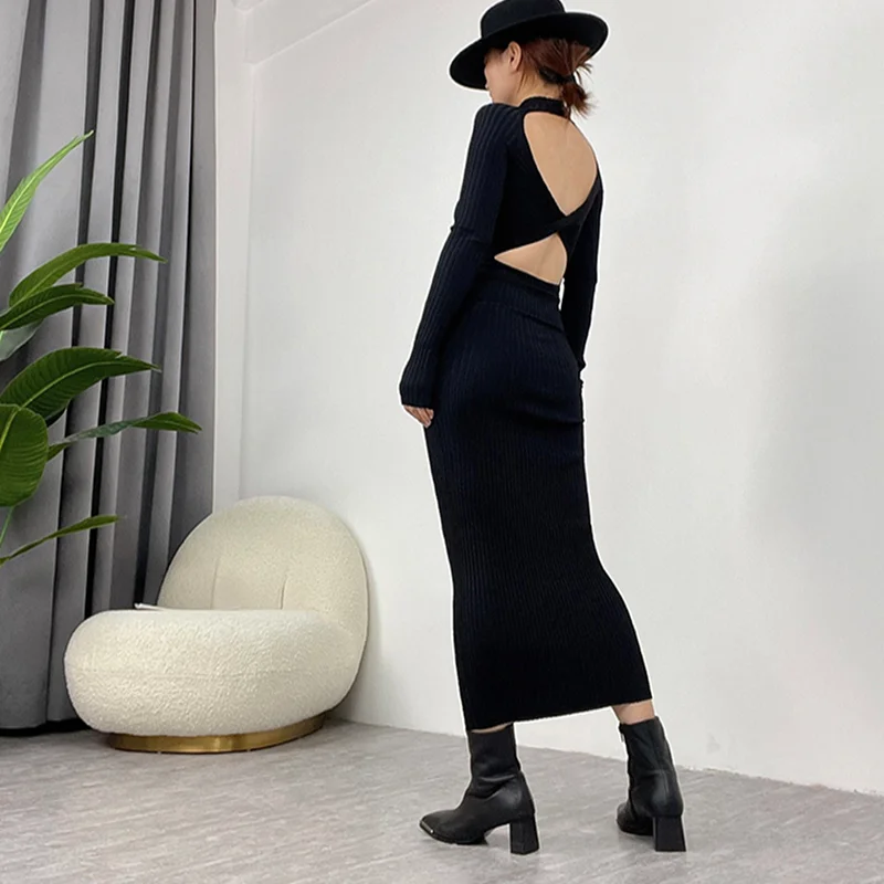 

Black Bodycone Knitted Backless Women Dress Autumn Winter Sexy Ladies Navy Blue Ribbed Back Cut Out 2022 New