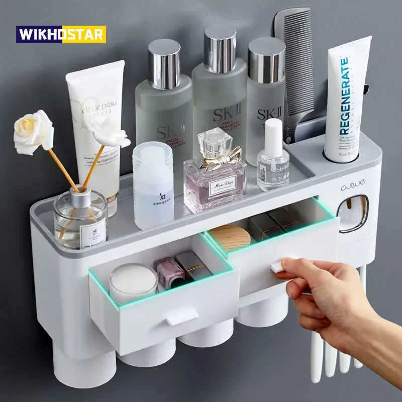 Magnetic Adsorption Inverted Toothbrush Holder Automatic Toothpaste Dispenser Storage Rack Bathroom Accessories Set