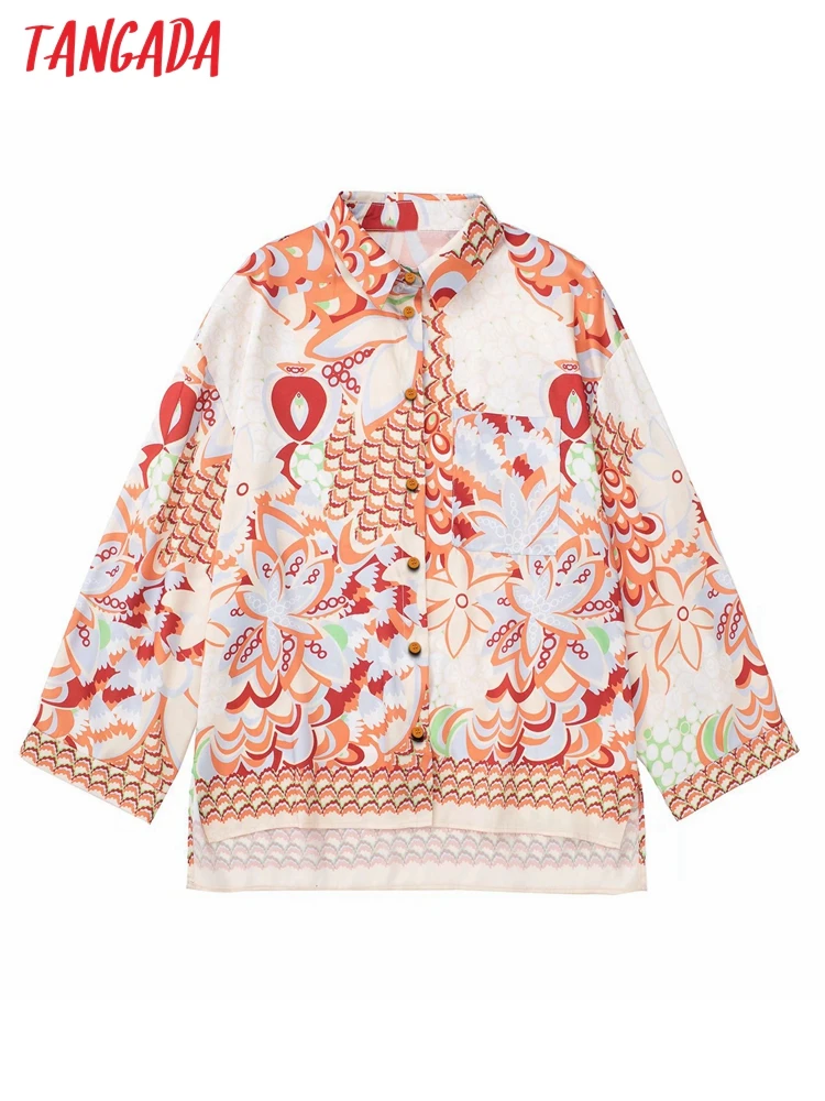 

Рубашка женская винтажная свободного покроя с длинным рукавом и принтом