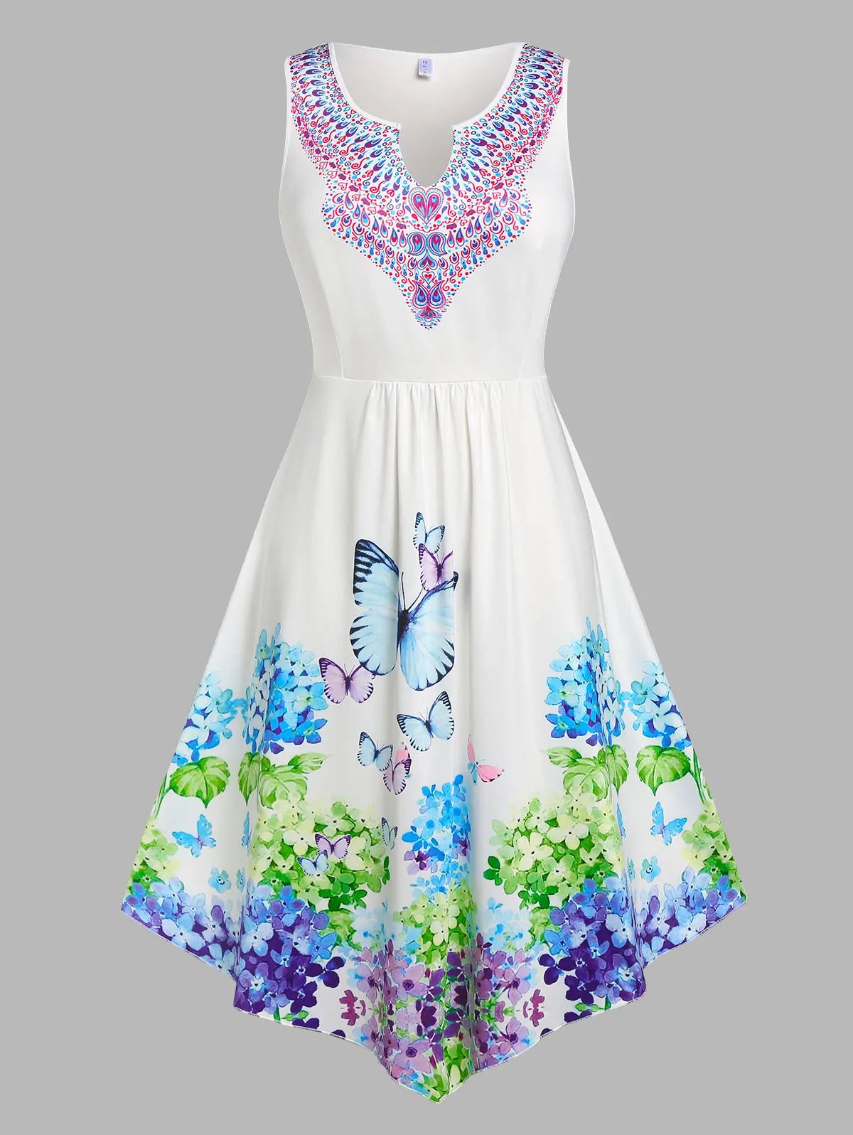 

ROSEGAL Floral Butterfly Print White Midi Dress Plus Size Curve Asymmetric Sleeveless V-Neck Cottagecore Female Casual Dresses