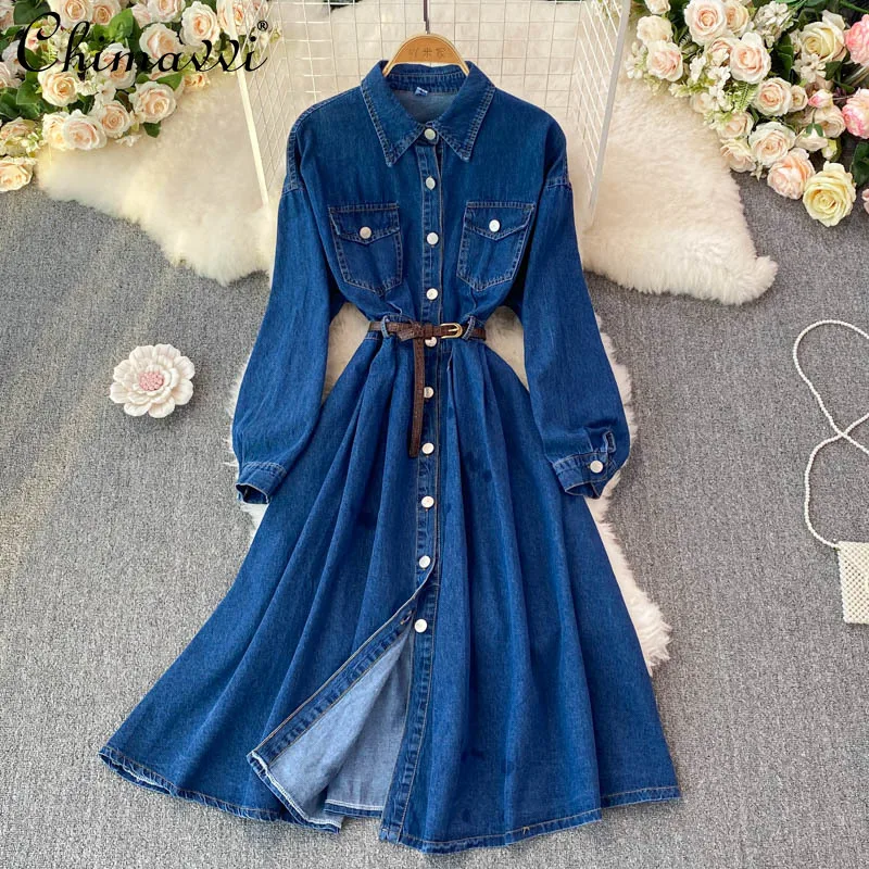 

2022 Spring New Retro Lapels Long Sleeve A-line Denim Dress Women Fashion Slim Waist Single-Breasted Dress for Ladies