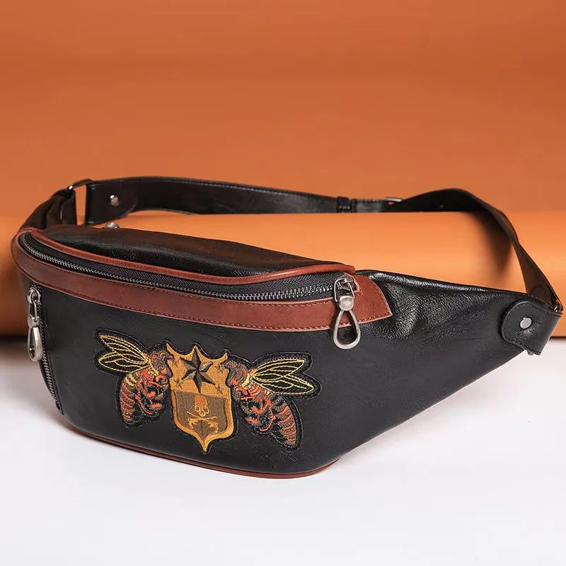 Fashion Male Small Leather Bags Black Travelling Waist Belt Purse Mobile Phone Crossbody Purses Shoulder Chest Sling Bag for Men