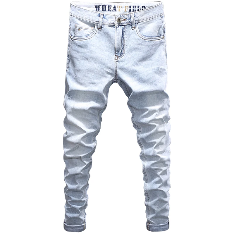Fashion Vintage Men Jeans Retro Light Blue Elastic Stretch Slim Fit Casual Designer Jeans Men Korean Style Simple Denim Pants
