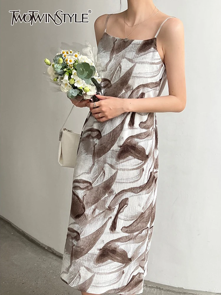 

TWOTWINSTYLE Print Colorblock Sling Dress For Women Square Collar Sleeveless High Waist Minimalist Midi Dresses Female Clothing