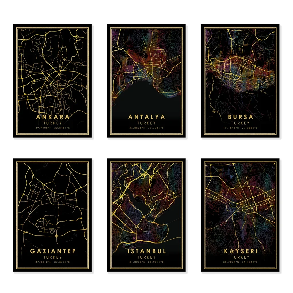 Золотые Дороги Радуга Карта Города Холст Печать Анталья Коья Антарктида Черный