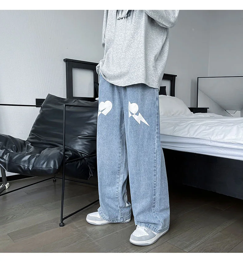 Fashion Jeans Men's Light Blue Love Print Design Sense American Hip-hop Trousers Loose Straight Leg High Street Men's Streetwear