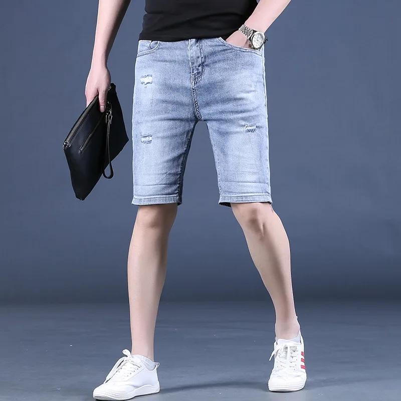 Summer Blue Shorts Ripped Jeans Men Streetwear Casual Regular Straight Denim Shorts