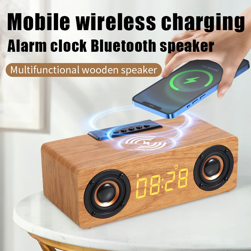 

Portable Wireless Bluetooth Speaker Wooden Digital Clock With Wireless Charging Home Tv Sound Box Heavy Bass Stereo Surround
