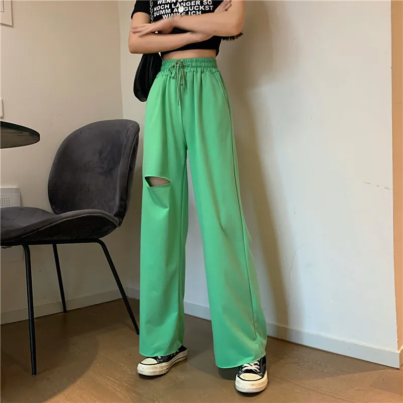 

2022 New Baggy Wide Leg Pants Women Joggers Hole High Waist Casual Streetwear Trousers Loose Hip Hop Jogging Sweatpants Harajuku