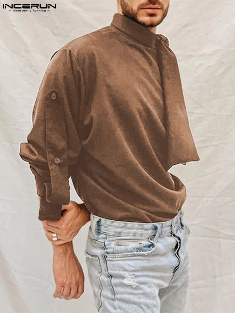 

INCERUN 2022 Men T Shirt Lace Up Turtleneck Streetwear Long Sleeve Button Camisetas Faux Suede Autumn Casual Men Clothing S-5XL