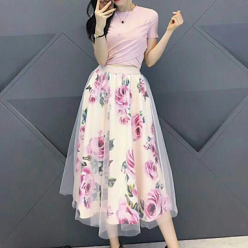 

Summer Two-piece Floral Chiffon Dresses Women Short Sleeve Bowknot Elegant Dress Midi Slim High Waist Dress Suit Vestidos 16673
