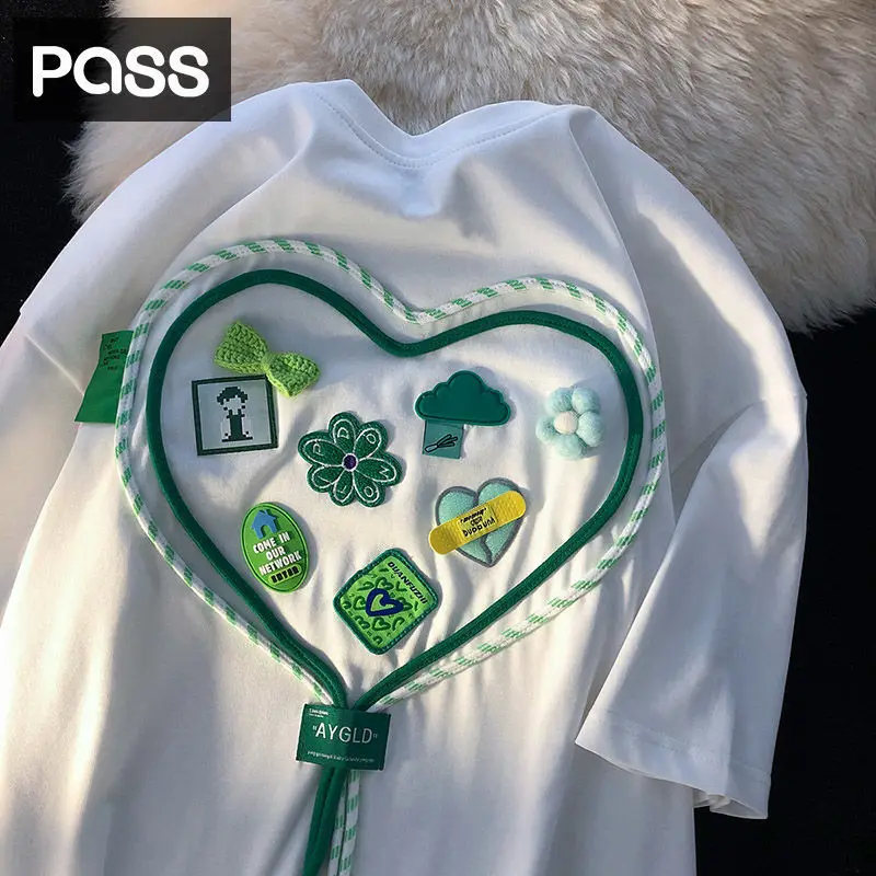 

Women's Cotton Chic Love Decorative Moulding Short-Sleeved T-shirt Summer Loose Couple Oversize Top