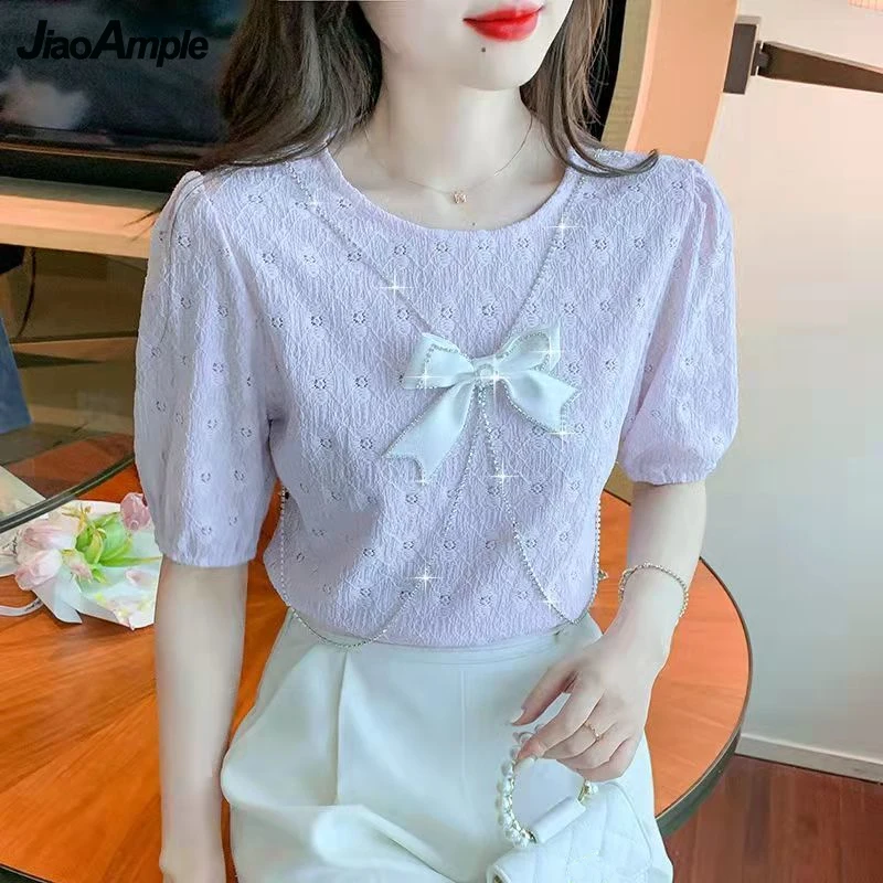 

Women's Summer Sweet Bowknot Purple T Shirt 2022 Korean Fashion Elegant Lace Puff Short Sleeve Tops Lady O-Neck Pullover Tees
