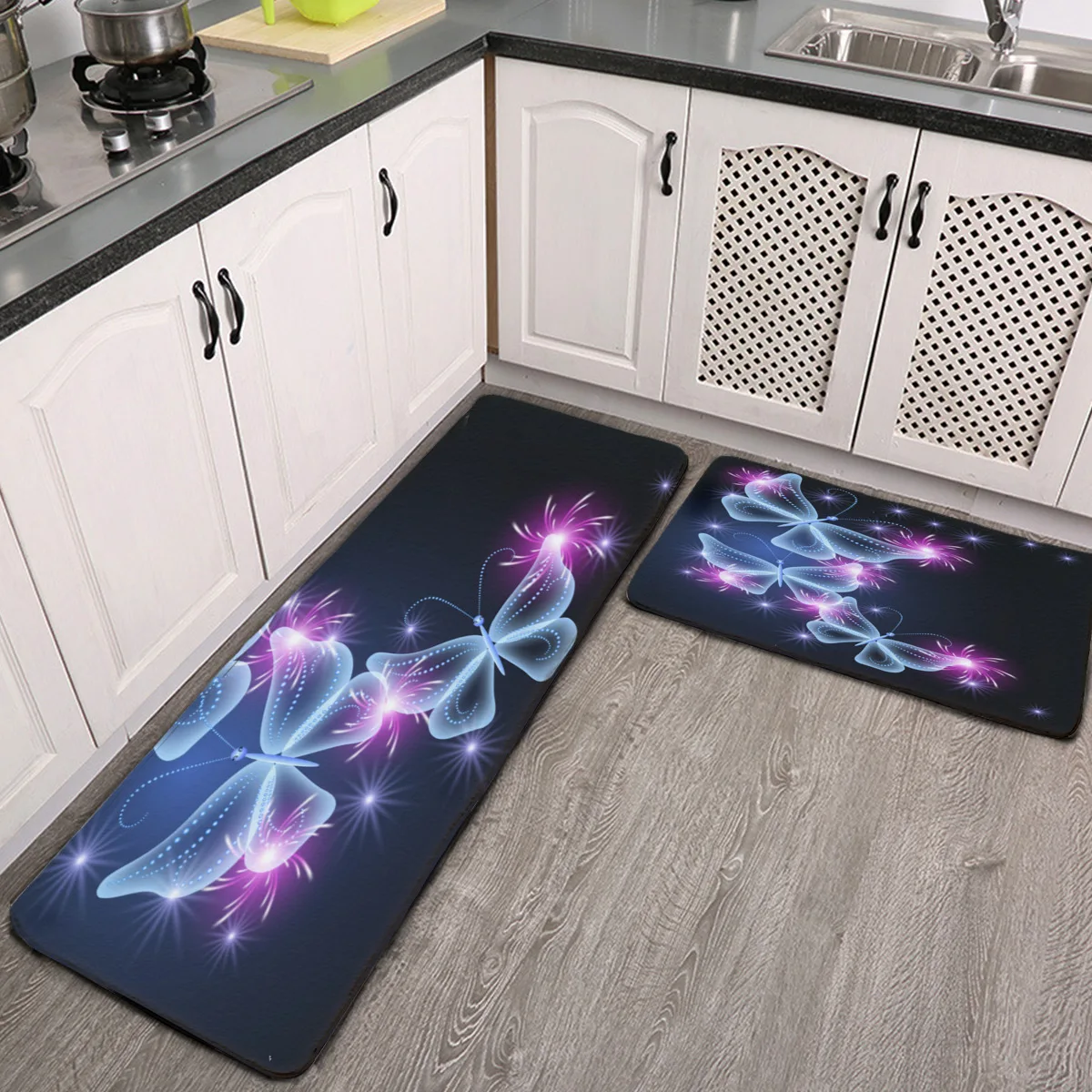 

2 Pieces Non-Slip Kitchen Rugs Glowing Butterflies Stars Black Cushioned Anti Fatigue Kitchen Mats Durable Non-Skid Backing Mat
