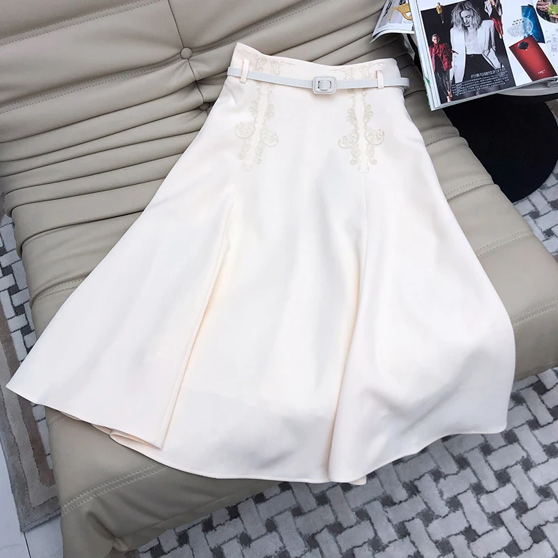 

Женская длинная юбка с высокой талией, белая винтажная юбка трапециевидной формы с вышивкой и поясом, элегантная юбка в стиле Хепберн, Новин...