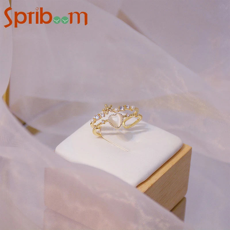 

Korean Opal Heart Rings for Women Girls Exquisite Flower Fish Tail Open Ring Elegant Jewelry Female Small Fresh Accessories Gift