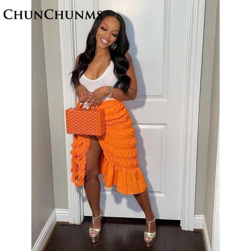 

Summer Slit Elastic Fold Fluorescent Knotted Skirt For Women Sexy 2022 Vacation Fashion Bust Dress Street Clothing Casual Outfit