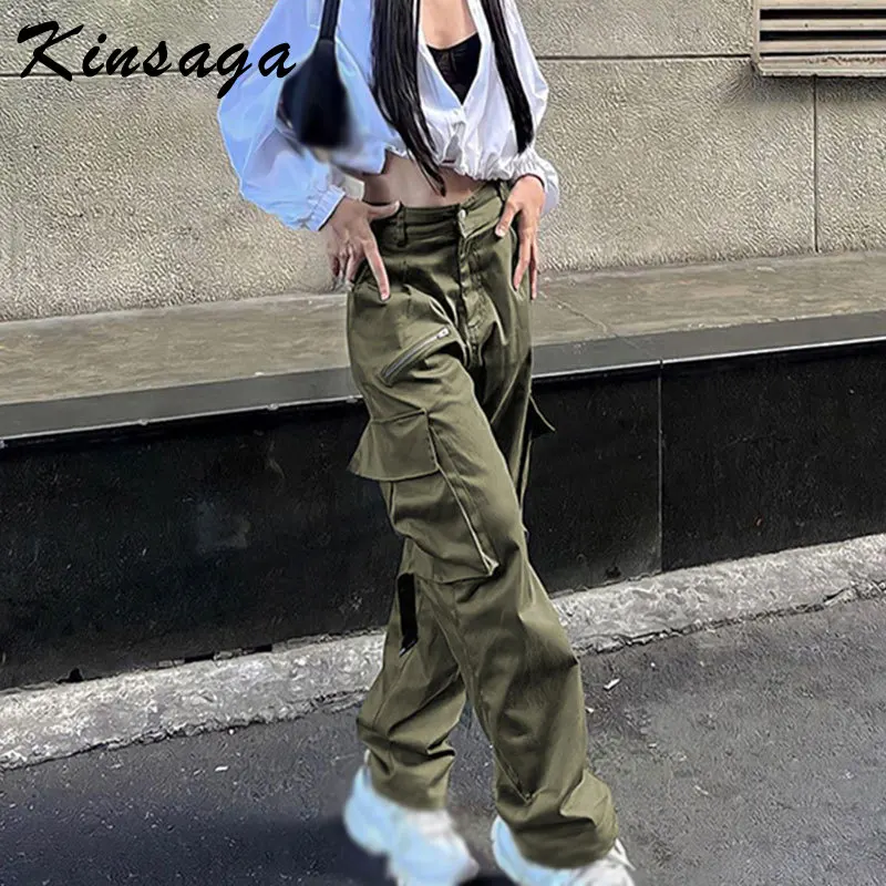 

Drawstring Low Waist Wide Leg Green Cargo Pants Harajuku Hippie Zipper Baggy Straight Sweatpants Women Y2k Street Jogger Trouser