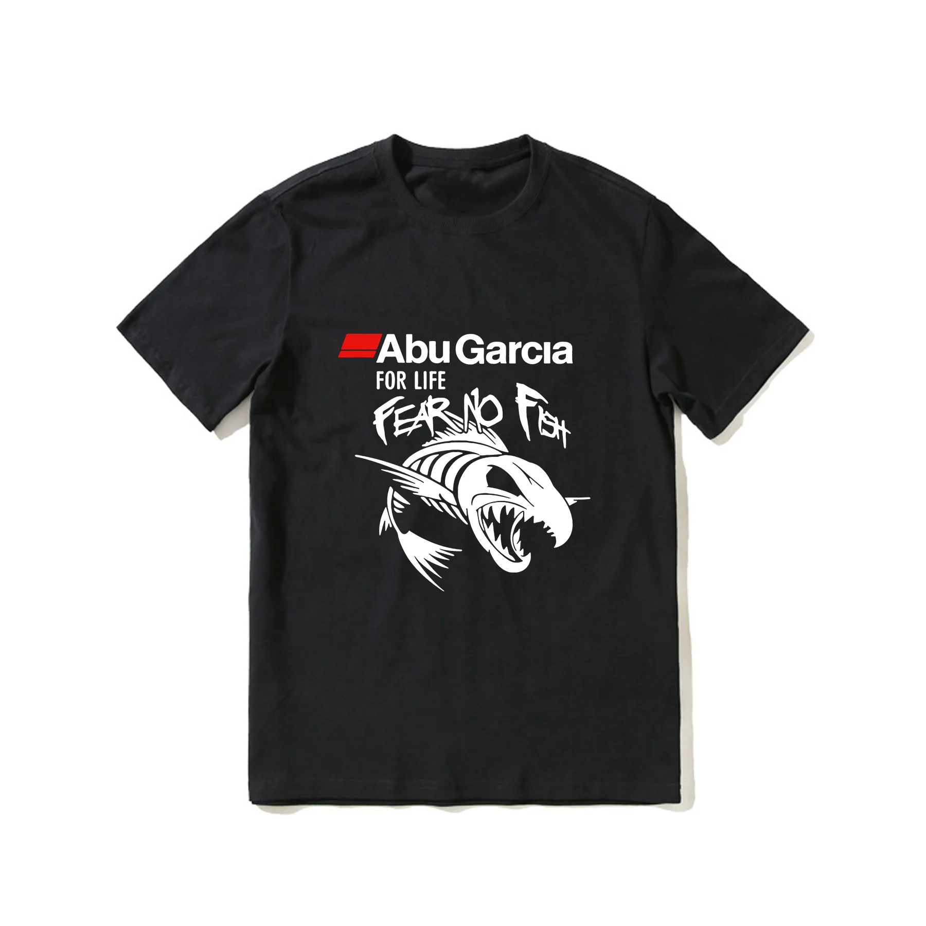 

2023 Hot Sale Summer 100% Cotton Abu Garcia for Life Fear No Fish Black T Shirt Men Short Sleeves Hip Hop Streetwear T-shirt