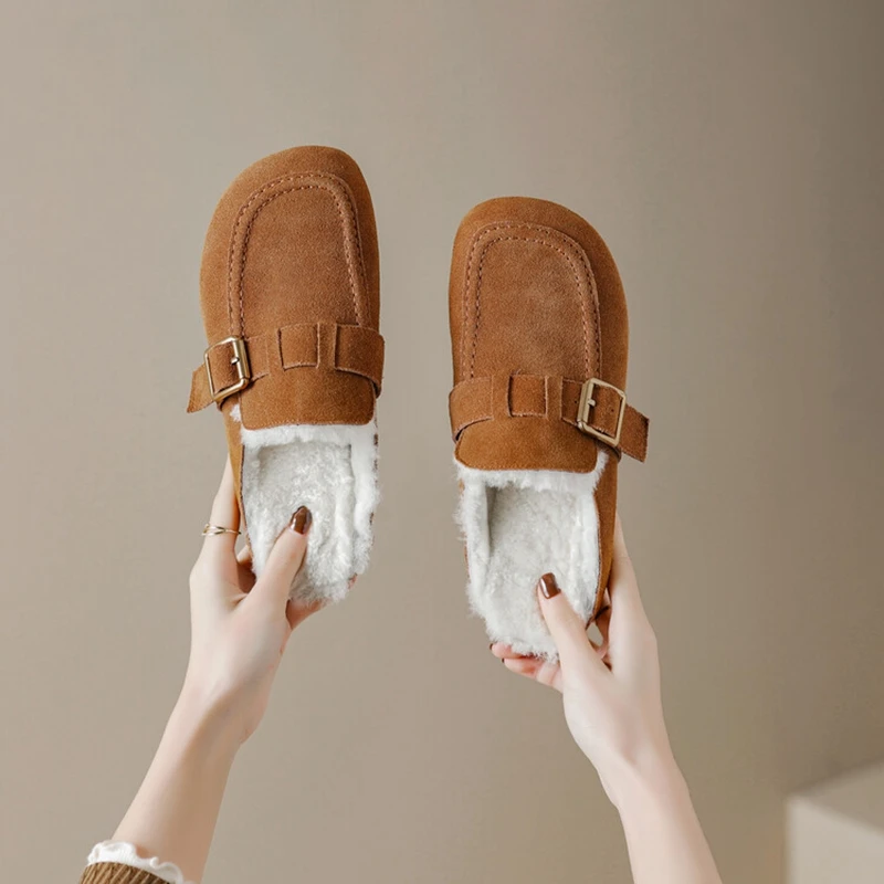 NEW Winter Women Shoes Cow Suede Women Slippers Round Toe Flats Women Concise Modern Slippers Warm Wool Shoes Outside Slippers
