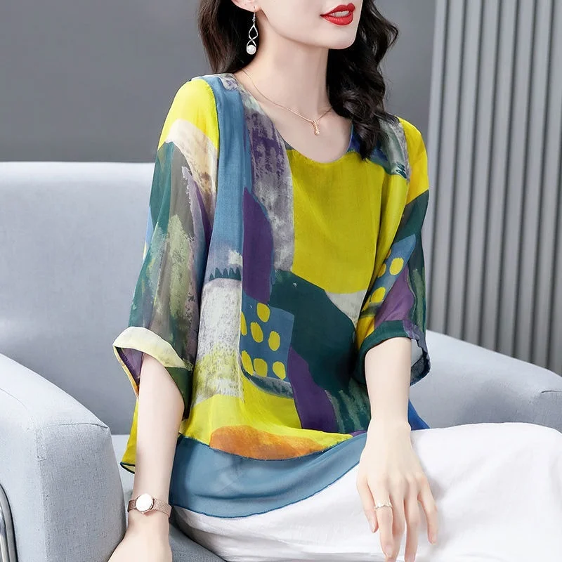 

Oversized Chiffon Blouses for Women Summer Short Sleeve Crewneck Vintage Print Tunic Tops Roupas Femininas Lady Casual Shirts