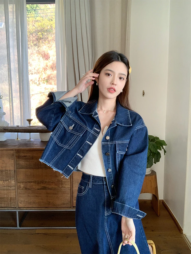 Три хороших продукта маленькое темно-синее короткое джинсовое пальто с высокой