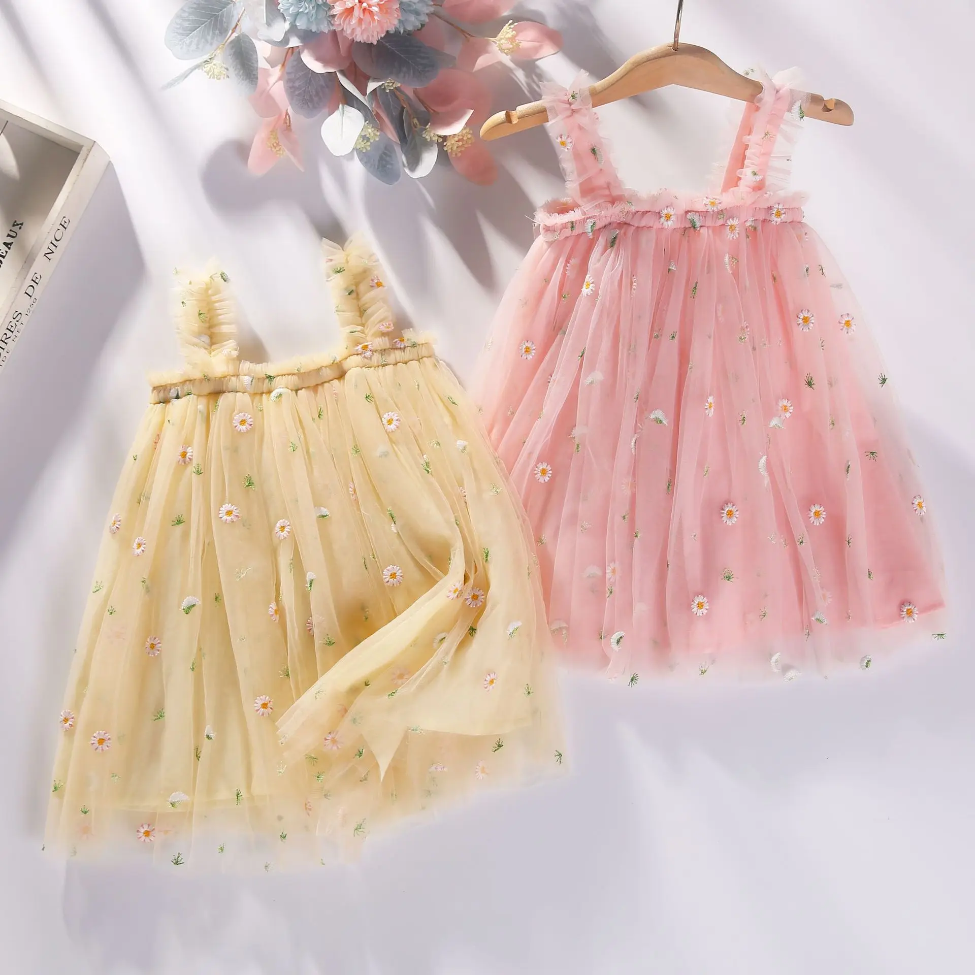 2023 Dresses for Kids Girls Spring Summer Floral Print Lace Tulle Slip Skirt Pink Yellow Baby Infant Toddler 6 Years Old Clothes