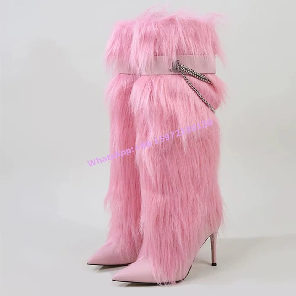 Длинные зимние ботинки на меху с металлической цепочкой и поясом острый носок