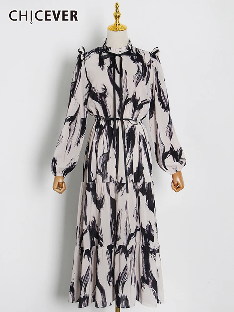 

CHICEVER Hit Color Print Dress For Women O Neck Lantern Long Sleeve Vintage High Waist Midi Dresses Female New 2022 Spring Style
