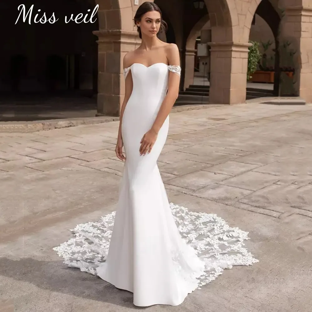 

Miss veil Mermaid Wedding Dress Sweetheart Off The Shoulder Bohemian Button Bride Gown Lace Appliques Train Vestido de casamento