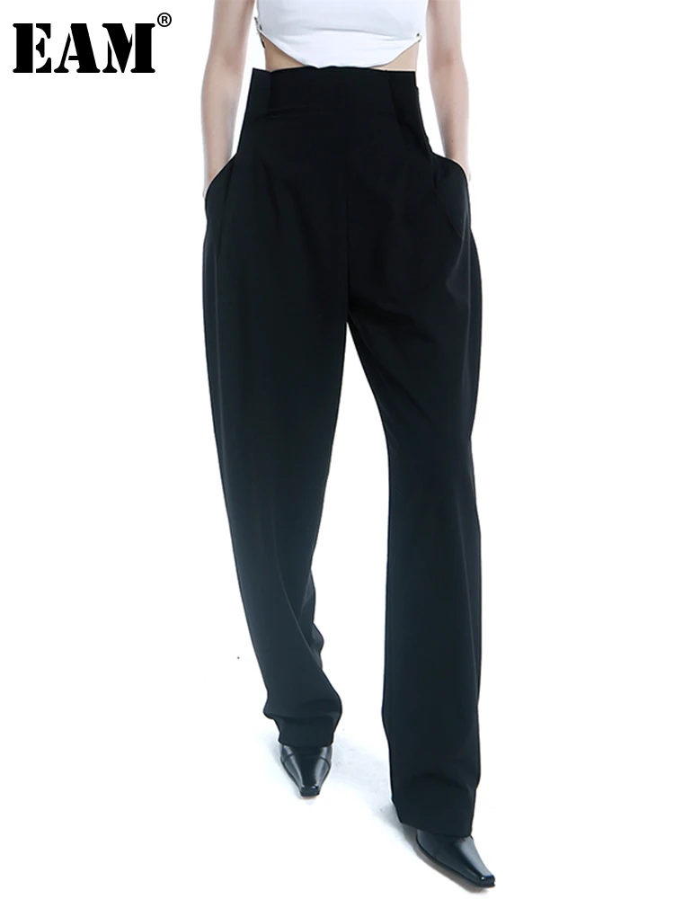 

[EAM] High Waist Black Pleated Long Shaped Harem Trousers New Loose Fit Pants Women Fashion Tide Spring Autumn 2023 1DE8345