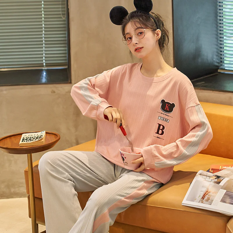

spring autumn new style pajamas women's cotton round neck cartoon cute long sleeved trousers home clothes be outside