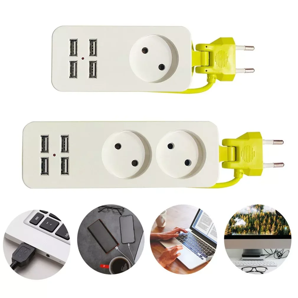 

NEW2022 EU Plug Power Strip Wall Multiple Socket Portable 4 USB Port for Mobile Phones 1200W 250V,1.5m Cable for Smartphones Tab