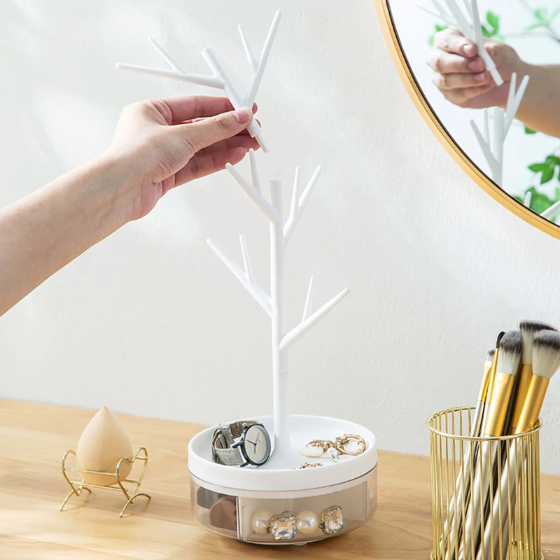 Tree-shaped Rotatable Jewelry Box 2-in-1 Necklace Rings Bracelet Storage Tray Multifunctional Jewelry Display Holder With Hooks