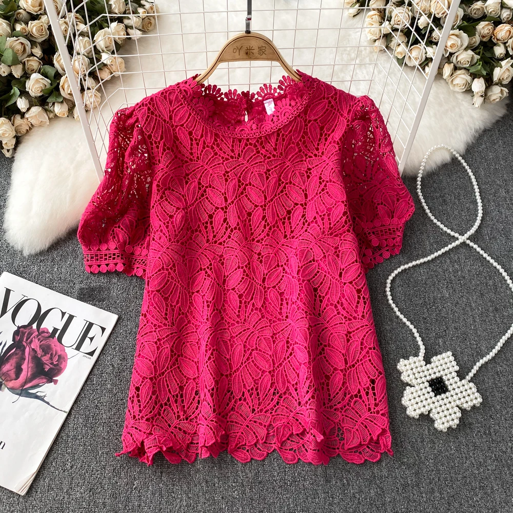 

Round Neck Hollow Out Short Sleeve Lace Patchwork Straight Shirt Summer Slim Solid Color Casual Office Lady Women's Wear Top