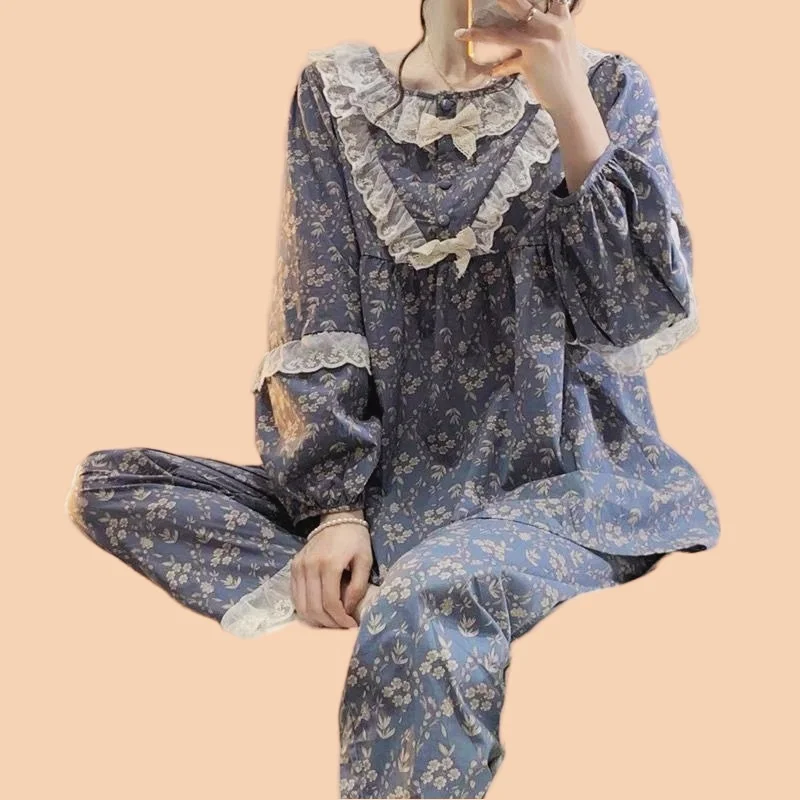 Women's Pajamas Set Sweet Full Sleeve Flower Print Sleepwear Casual Pyjama Cozy Homewear Korean Spring Style