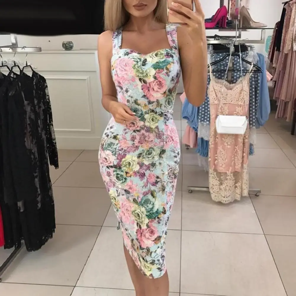 

summer dress Evening Party Vintage Rose Flower Print Women Sleeveless Bodycon Midi Dress robe femme Women's Clothing 2021