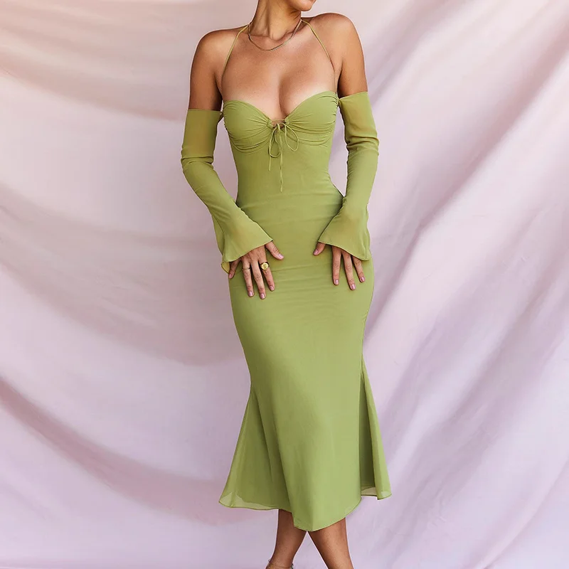 

Zoctuo 2022 Women Chiffon Zipper Sexy Y2K Clothes Lace Up Halter Backless Long Sleeve Bodycon Midi Dress Outfits Party Club