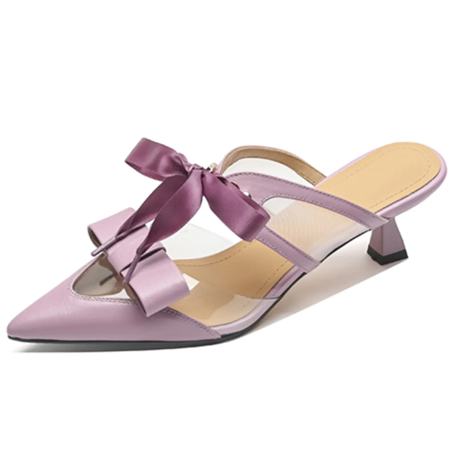 

Женские мюли из натуральной кожи, на тонком каблуке, с бантом