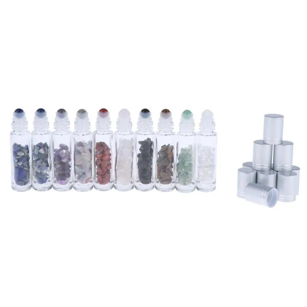 

10 Pieces 10ml Glass Roll on Bottles with Gemstone Rollballs And Stone Chips