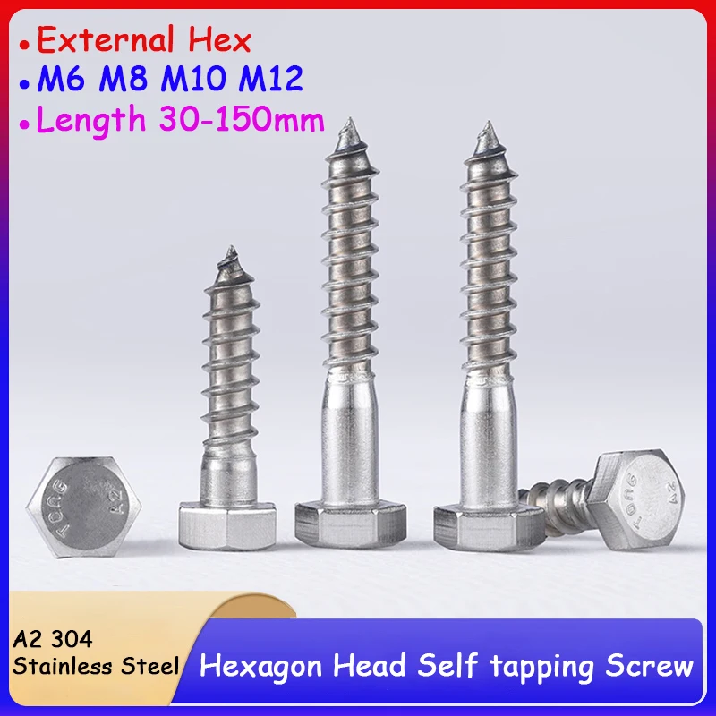 

A2 304 Stainless Steel External Hex Hexagon Head Self tapping Screw M6 M8 M10 M12 Wood Screws Length 30-150mm