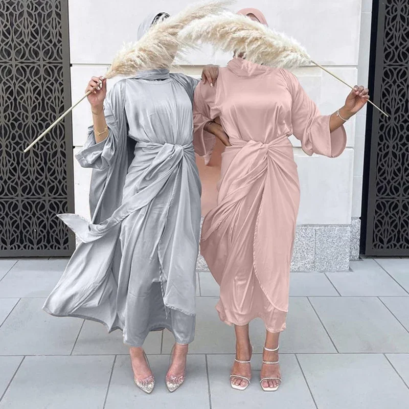 Ид Рамадан Атлас Дубай Мусульманский комплект из 3-х предметов Платье с длинными