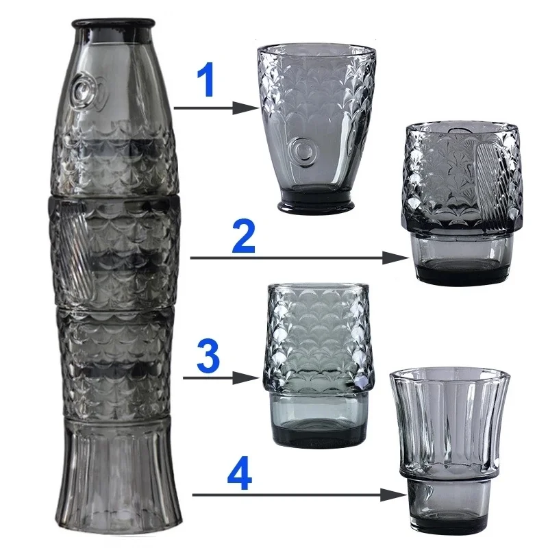 

4 Pcs Set Grey Fish Shaped Glass INS Super Popular Household Glassware Drinking Cup Stackable Koi Water Tumbler Teacup Wineglass