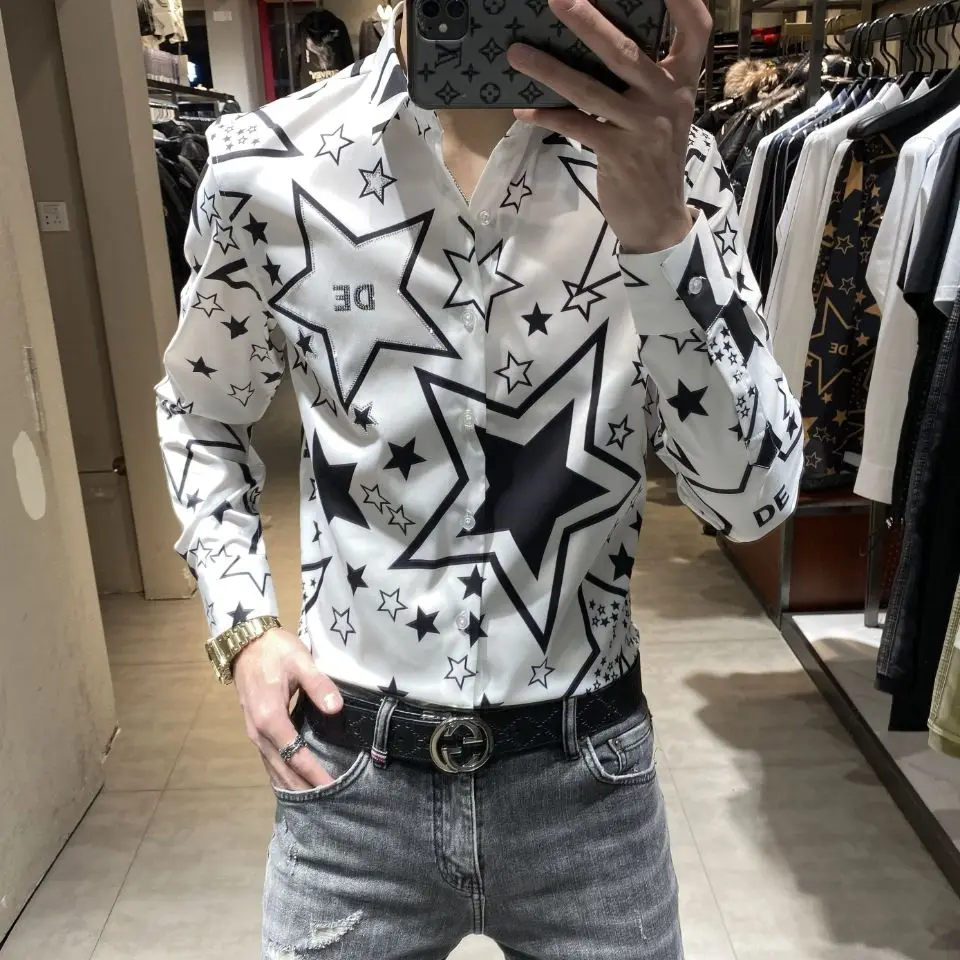 Korean fashion slim handsome flower shirt men's fashion brand fashion personality star printing long sleeve shirt